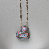 Handmade Porcelain Heart Pendant Necklace: Coral, Blue, Gray & 12% Gold