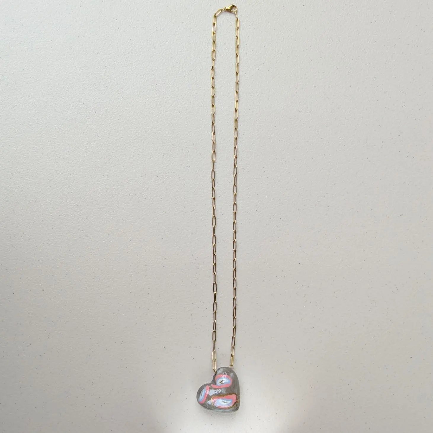Handmade Porcelain Heart Pendant Necklace: Coral, Blue, Gray & 12% Gold