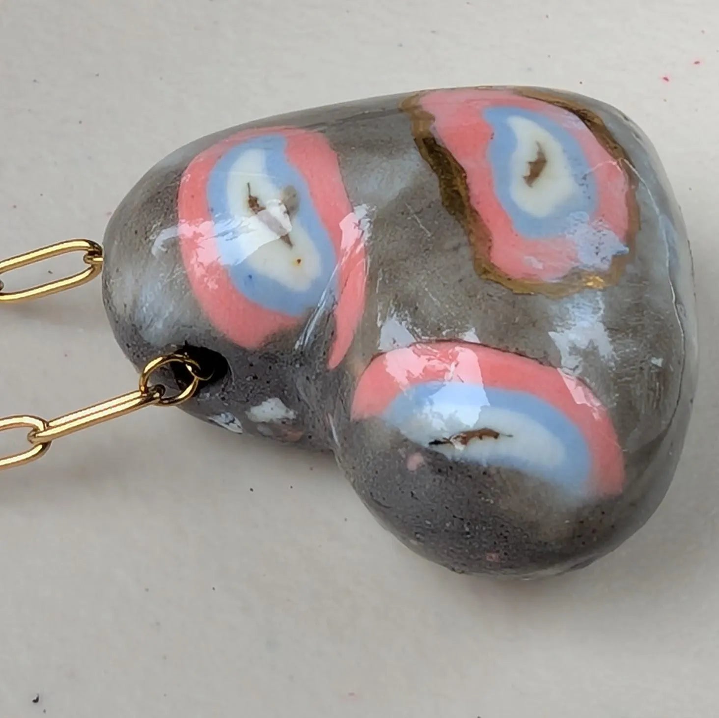 Handmade Porcelain Heart Pendant Necklace: Coral, Blue, Gray & 12% Gold