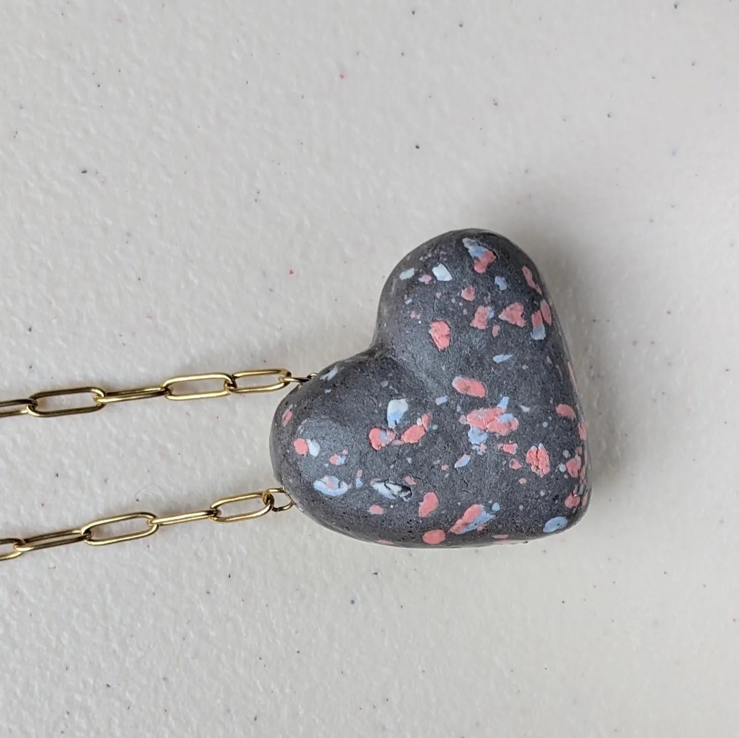 Handmade Porcelain Heart Pendant Necklace: Coral, Blue, Gray & 12% Gold