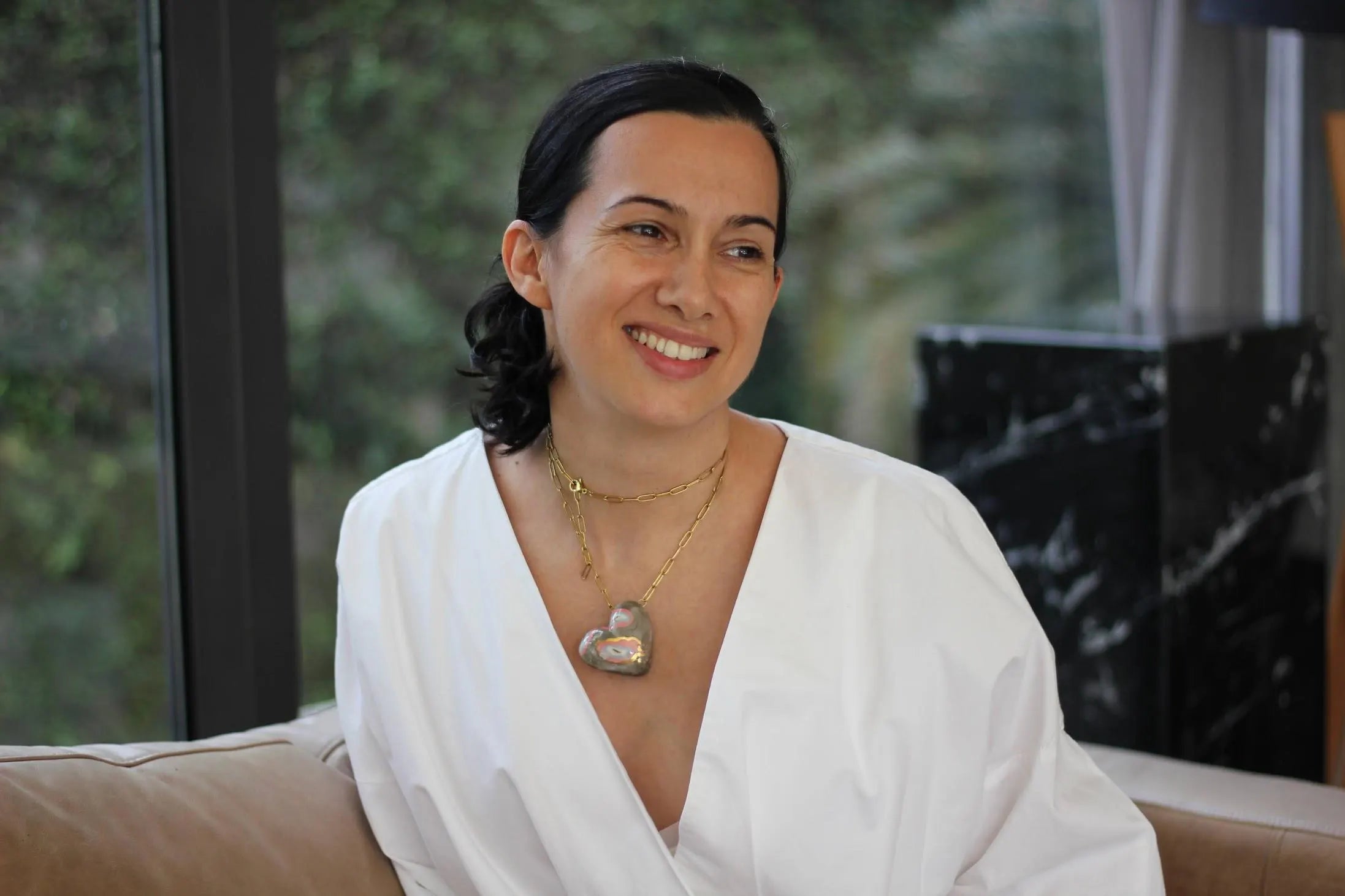 Handmade Porcelain Heart Pendant Necklace: Coral, Blue, Gray & 12% Gold