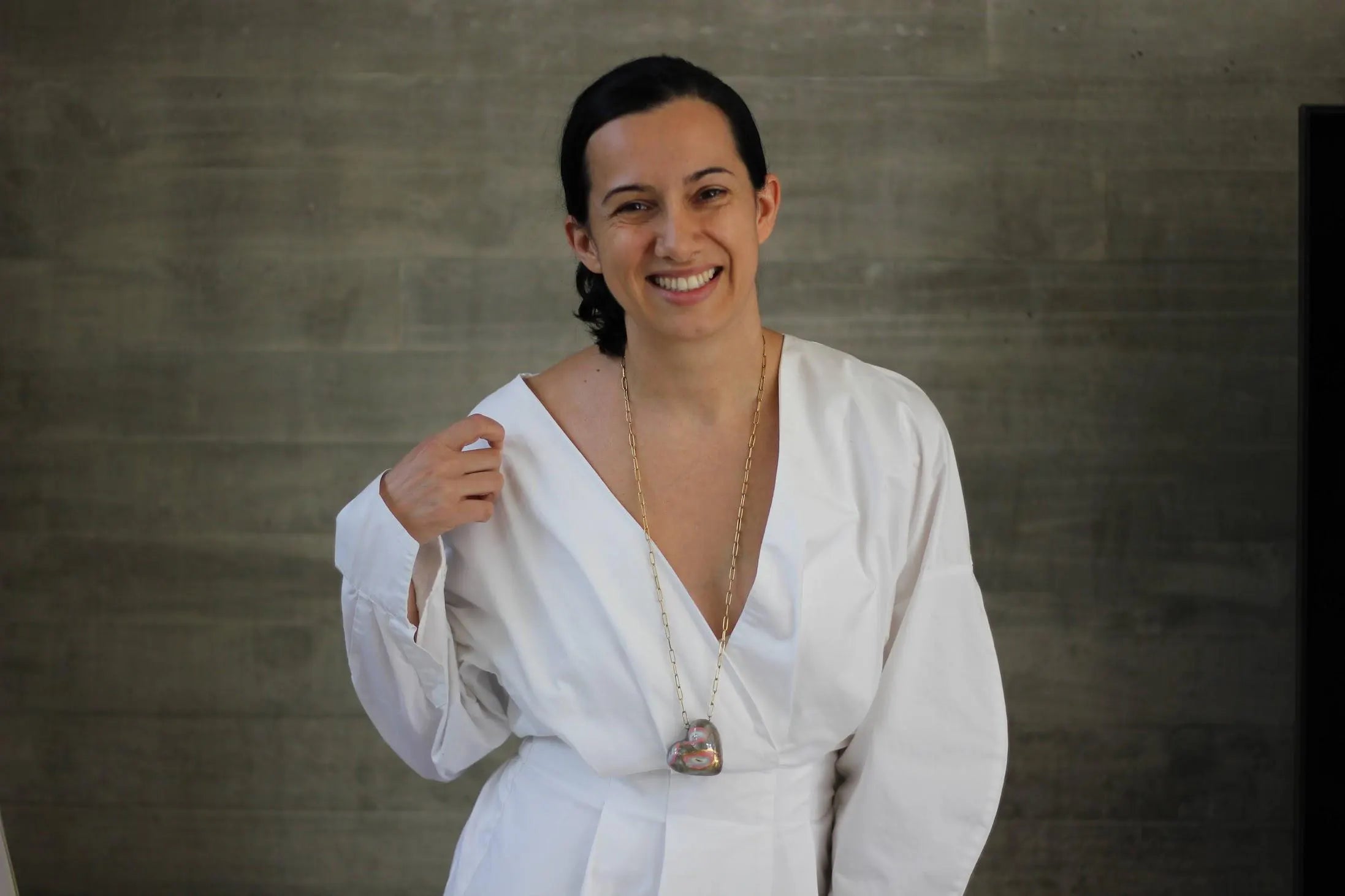 Handmade Porcelain Heart Pendant Necklace: Coral, Blue, Gray & 12% Gold