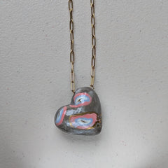 Handmade Porcelain Heart Pendant Necklace: Coral, Blue, Gray & 12% Gold