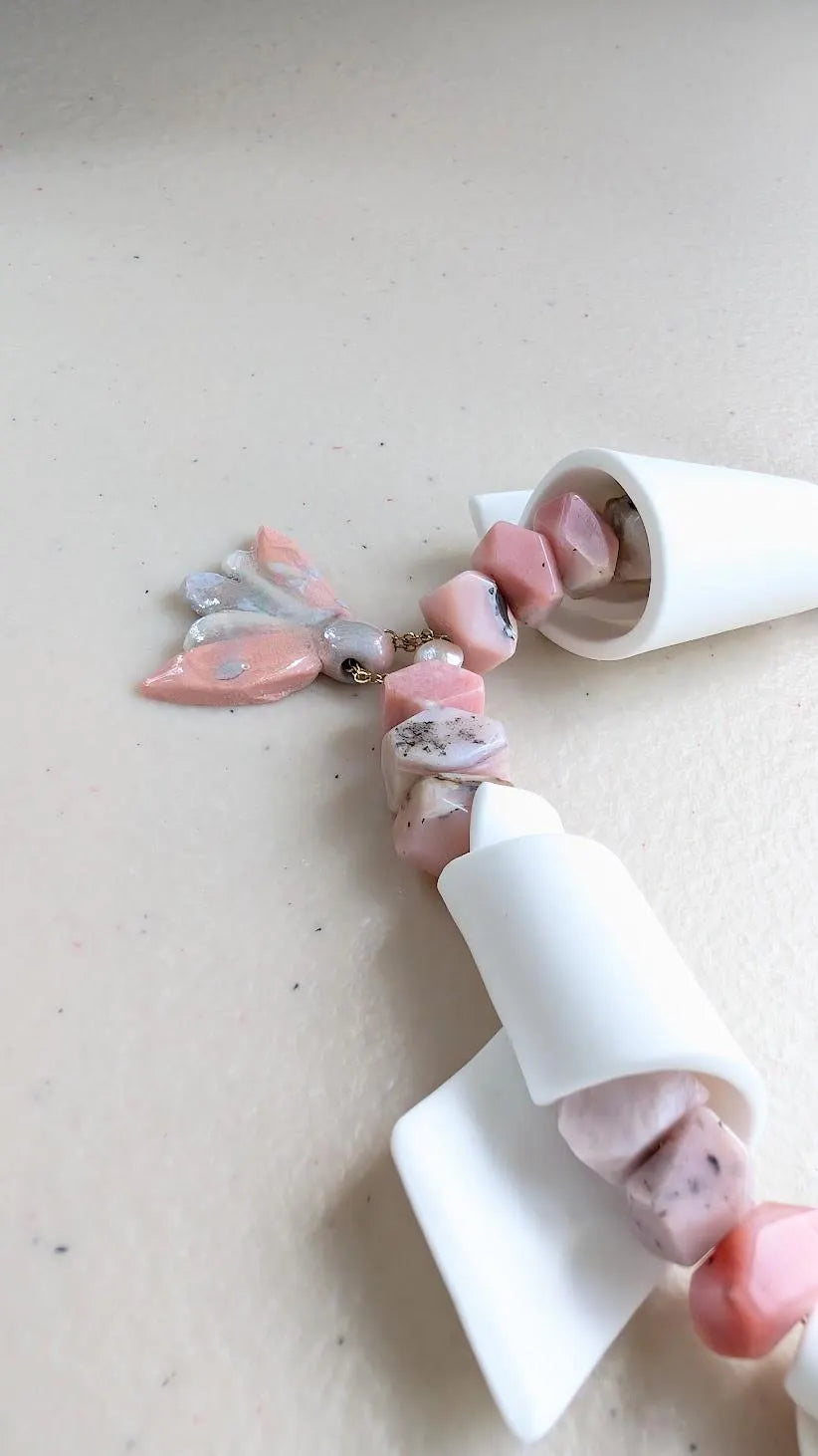 Refined and Playful Unique Necklace - featuring hand made porcelain charms and pink opal beads.
