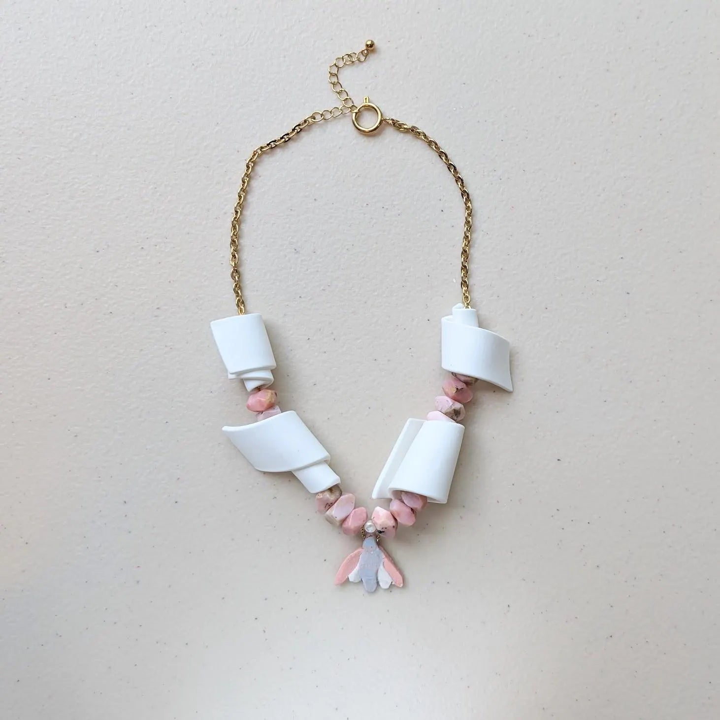 Refined and Playful Unique Necklace - featuring hand made porcelain charms and pink opal beads.