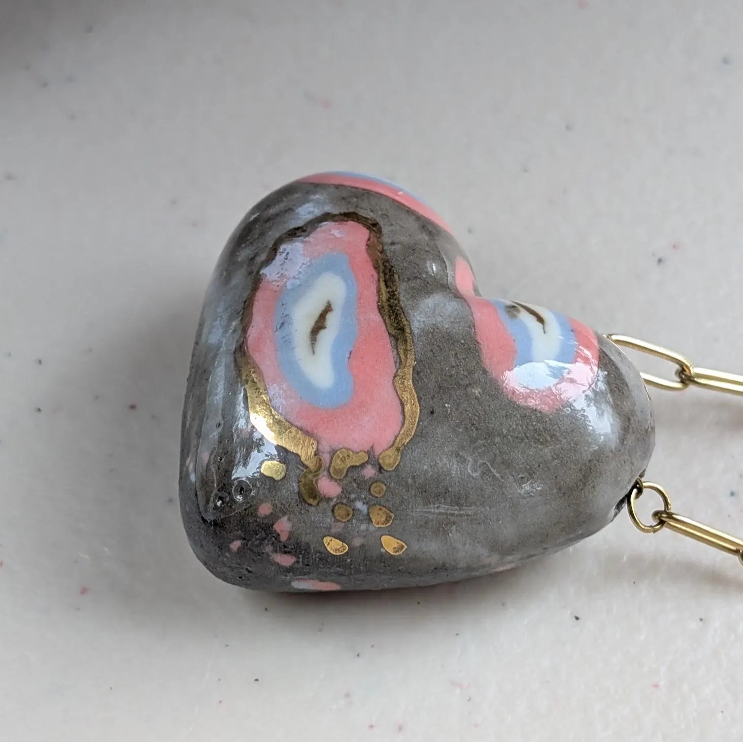 Handmade Porcelain Heart Pendant Necklace: Coral, Blue, Gray & 12% Gold