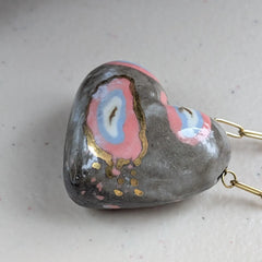 Handmade Porcelain Heart Pendant Necklace: Coral, Blue, Gray & 12% Gold
