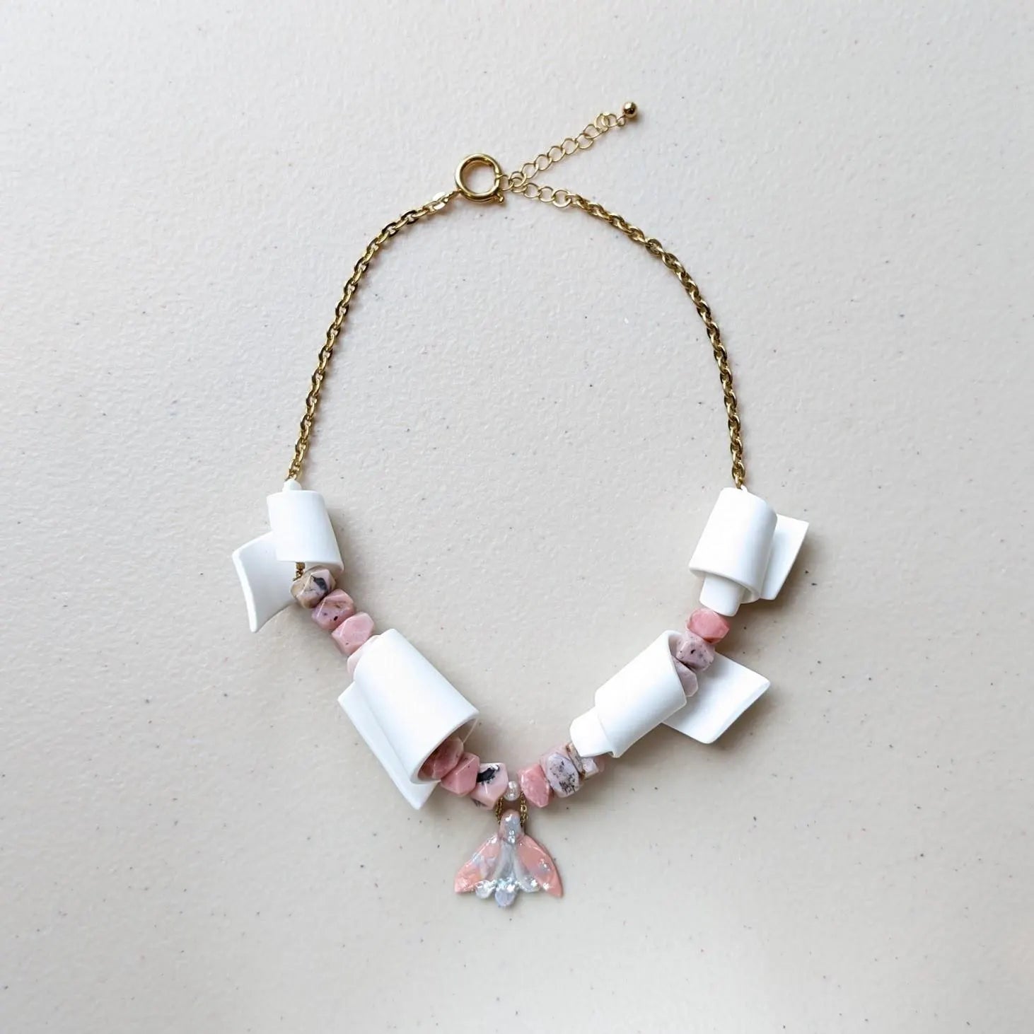 Refined and Playful Unique Necklace - featuring hand made porcelain charms and pink opal beads.