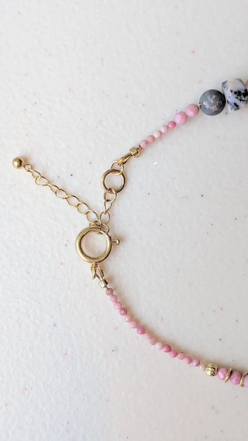 Playful Pink Hue Necklace - Featuring natural stones and pearls with hand-made porcelain charms
